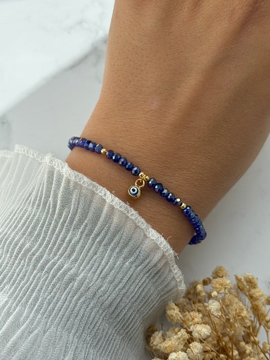 Perlenarmband mit Blauen Kristallperlen und Goldenen Perlen + Nazar Anhänger - 2369
