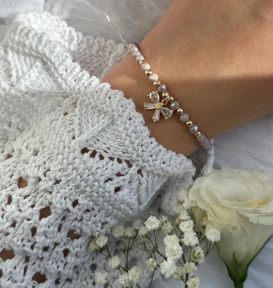 Perlenarmband mit Lila Kristallperlen und Schleifen Anhänger - 10572