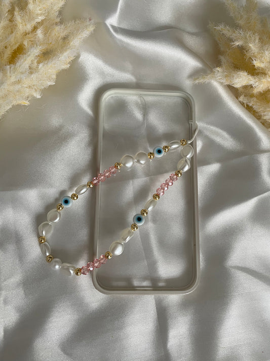 Handykette mit weißen und rosa Perlen und Nazar - 10080