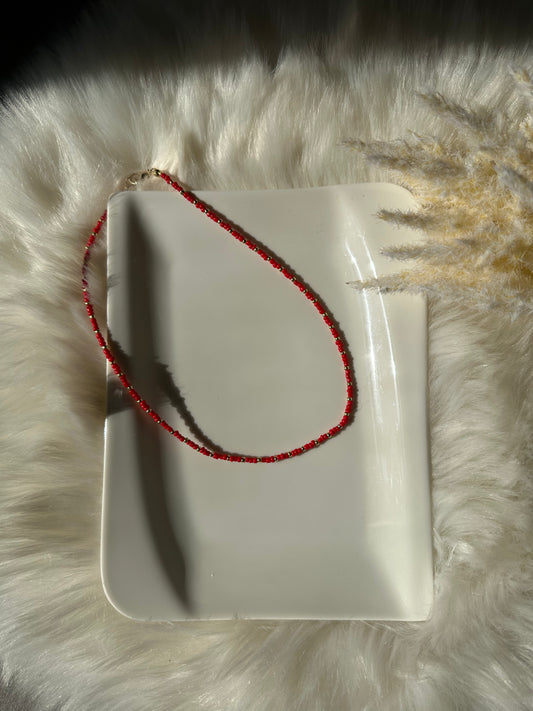Perlenkette chocker mit roten und Goldenen Perlen - 10106