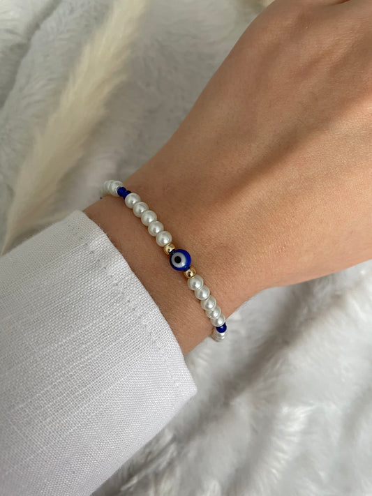 Perlenarmband weiß und blau mit Nazar - 10489